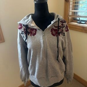 Gray zip up with floral embroidery